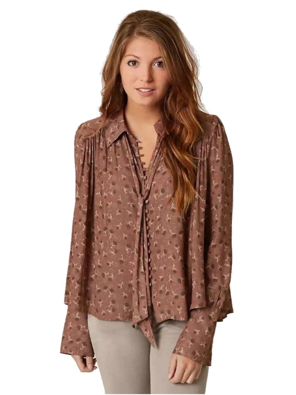 Free People Dusty Rose Floral Tie-Neck Blouse